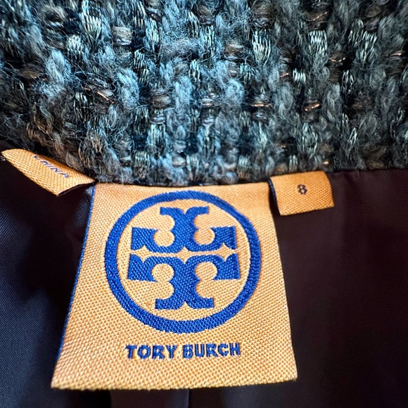 Tory Burch mid-length coat with brown leather trim and a tweed weave. - Picture 16 of 17